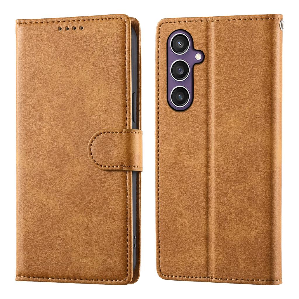 For Samsung Galaxy S25/S24 Case Stand Wallet Calf Texture PU Leather Flip Phone Cover with Wrist Strap