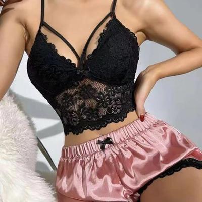 2 Pcs/Set Women Pajama Set Hollow Out Lace V Neck Backless Sleeveless Crop Top High Waist Satin Shorts Home
