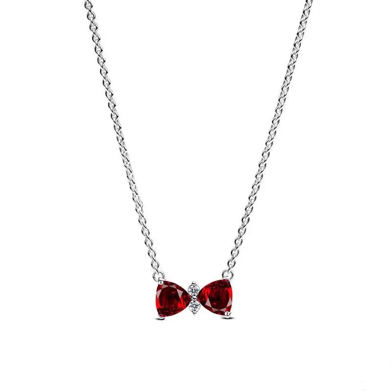 Classic Shiny Red Jewelry 925 Silver Exquisite Heart-shaped Bowknot Ring Necklace Bracelet Women's Jewelry Party Gifts