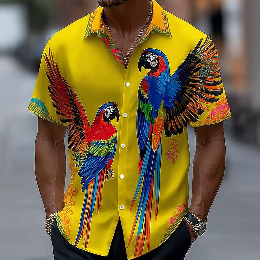 Men's Parrot Bird 3D Print Hawaiian Shirt Tropical Aloha Shirt Short Sleeve Button Up Turndown Shirt for Summer Beach Wear