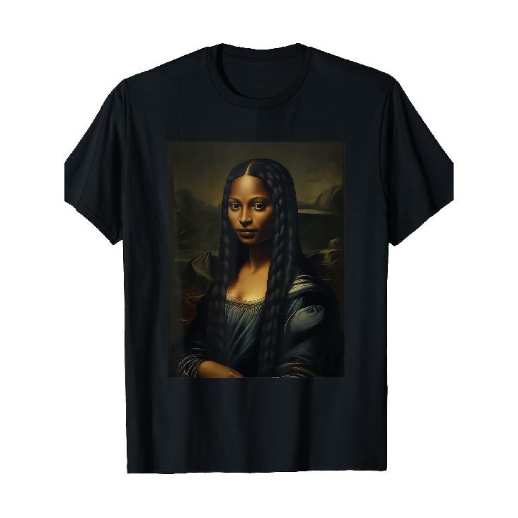Women S Black Mona Lisa Afro Queen T-Shirt - Retro Loose Fit Short Sleeve Round Neck, African American Heritage Month Casual Tee with Iconic Portrait S чёрный