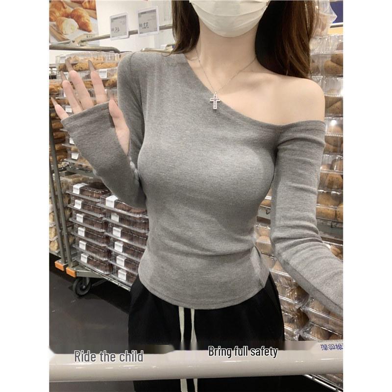 

Spicy Girl Off-Shoulder Long Sleeve T-Shirt - Slimming, Versatile Autumn 2024 Top for Women XXL сірий колір