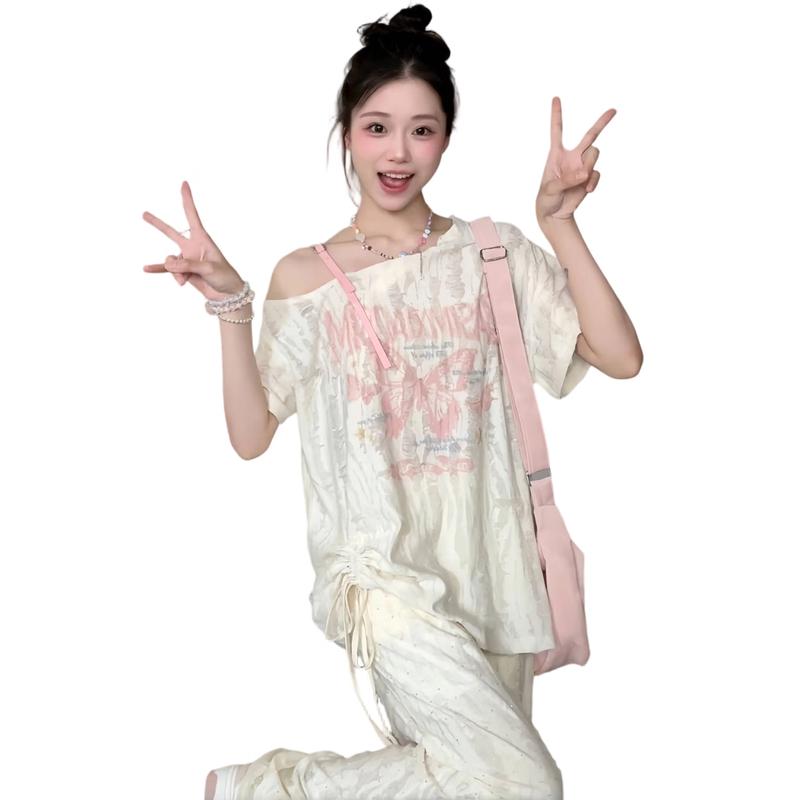 La Chapelle Women s Off-Shoulder Butterfly Print Drawstring Short Sleeve T-Shirt L