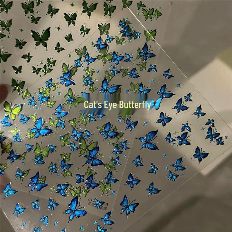 Blue Butterfly Glitter Nail Stickers - Cat Eye Fairy Design, Adhesive Back, Small Patterns