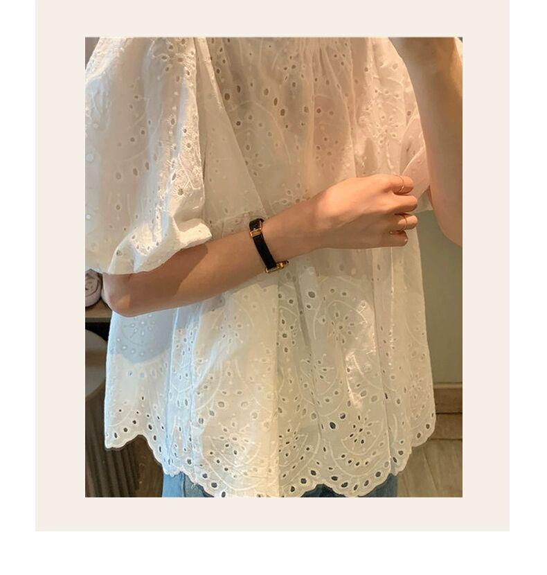 2025 Summer Women's French Embroidered White Doll Shirt with Hollow Bubble Short Sleeves