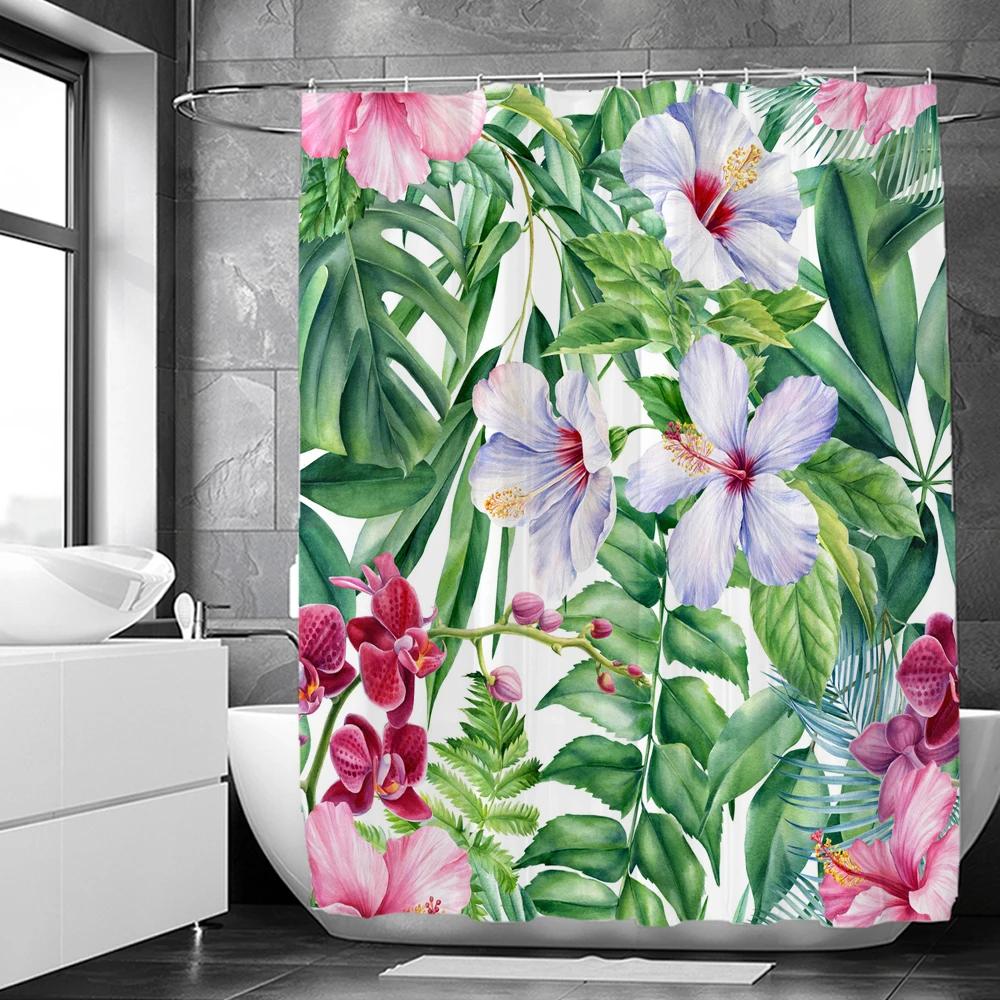 Elegant Flowers Shower Curtain 180x180cm Floral Shower Curtain Polyester Bath Curtain Bathroom Decor Machine Washable With Hooks