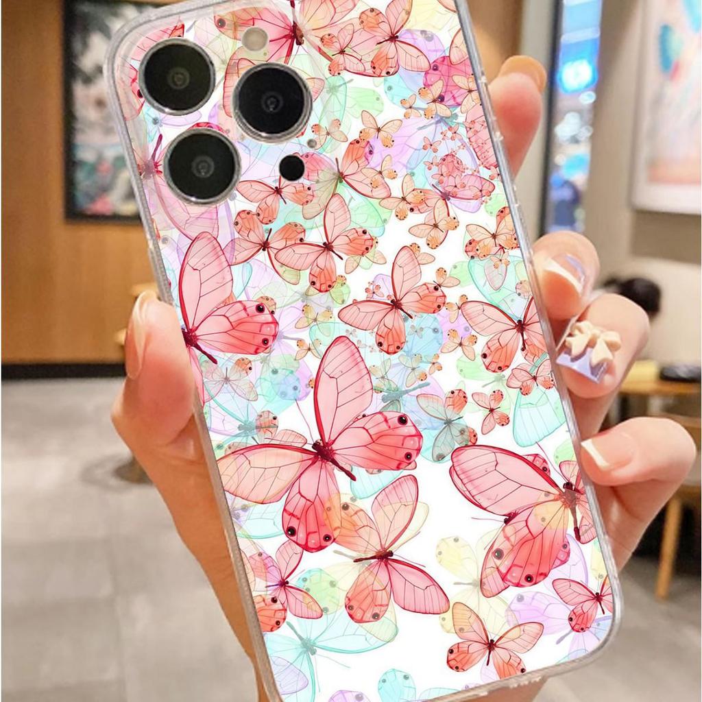 Pink Butterfly Shockproof Clear Case for iPhone 15/16/17 Pro Max/14
