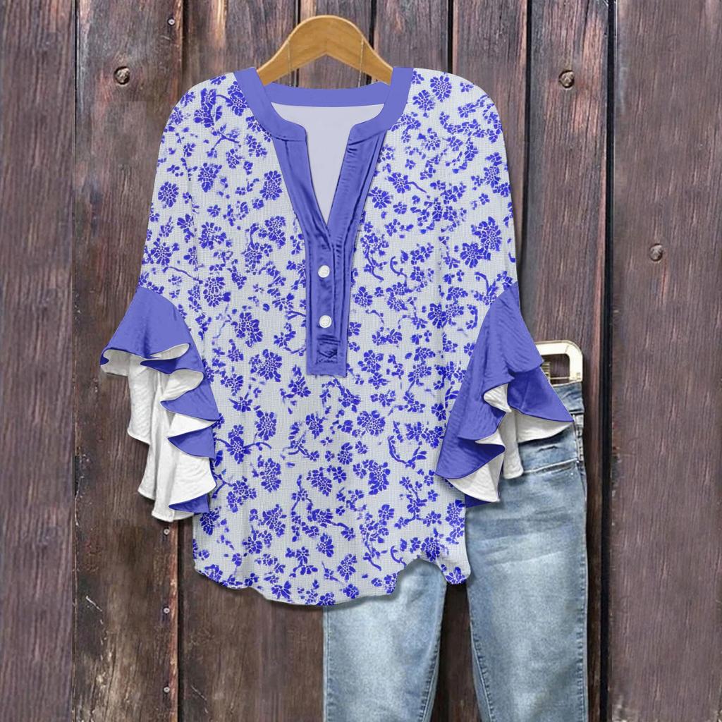 Women's Summer Tops V Neck Three-quarter Sleeves Floral Print Flowing Ruffle Sleeves Half-button Shirt