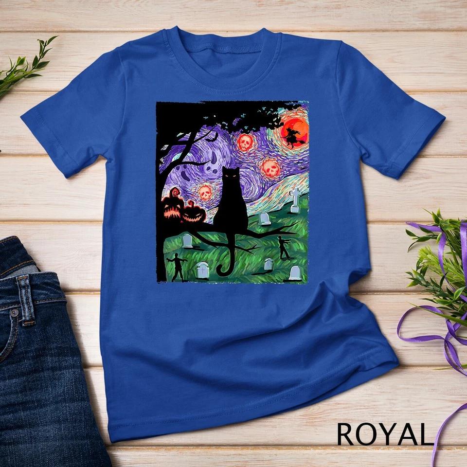 Scary Night Cat Van Gogh- Cat Black Halloween Pumpkin Art T-Shirt Unisex T-shirt 6 XL