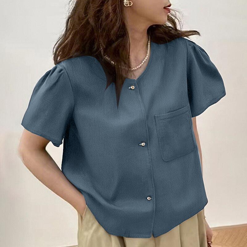 ZANZEA Women Casual Round Neck Button Short Sleeve Blouse