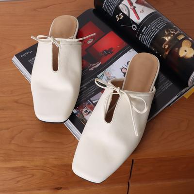 Cowhide Version Leather Shoes Bag Head Half Slippers Wear Fashion Flat Bottom Square Head Bow Lazy Shoes Cool Slippers