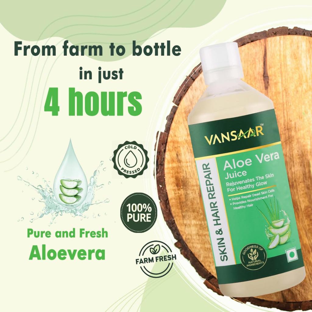 Vansaar Aloe Vera Juice 1 L Natural Cold Pressed With Pulp For Skin Glow Hydration Hair Nourishment Daily Health Drink
