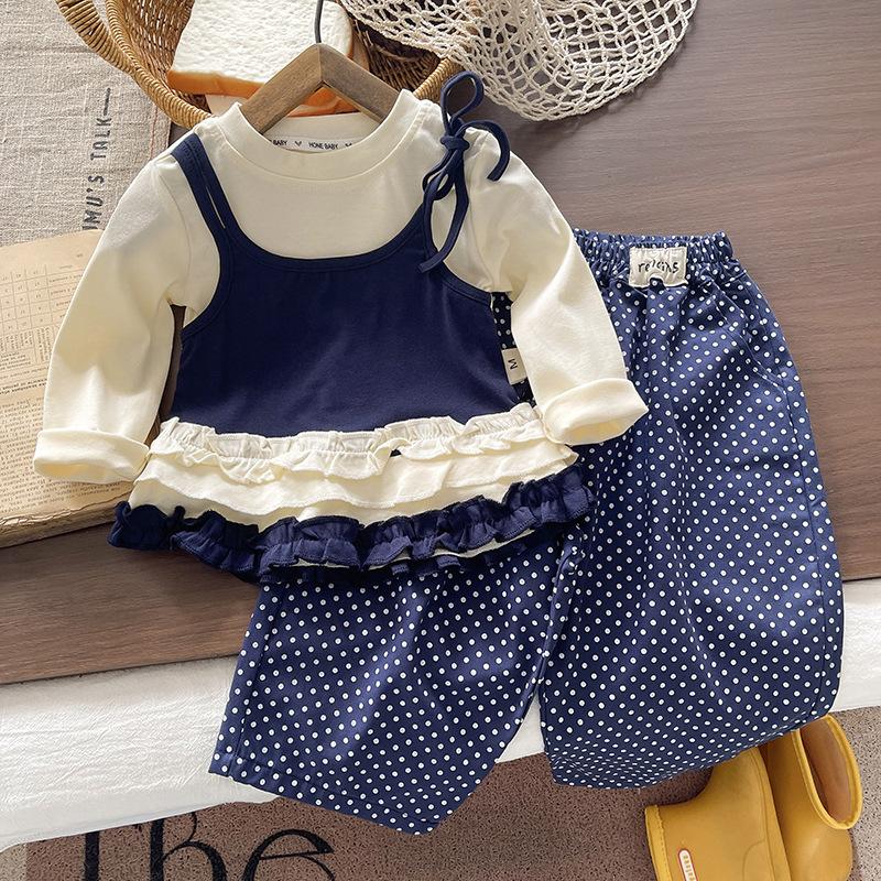 Girls Spring 2 Piece Set Faux Two Layer Lace T Shirt And Polka Dot Wide Leg Pants Outfit 80
