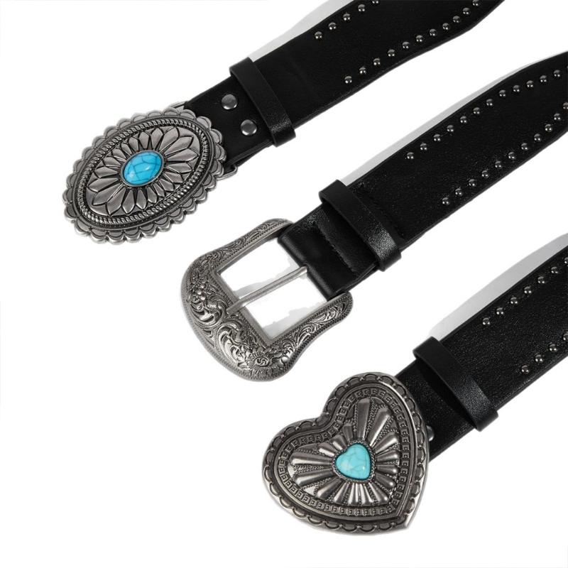 Studded Punk Style Belt Adjustable PU Leather with Charm Heart Buckles for Men Women Fashion Accessories