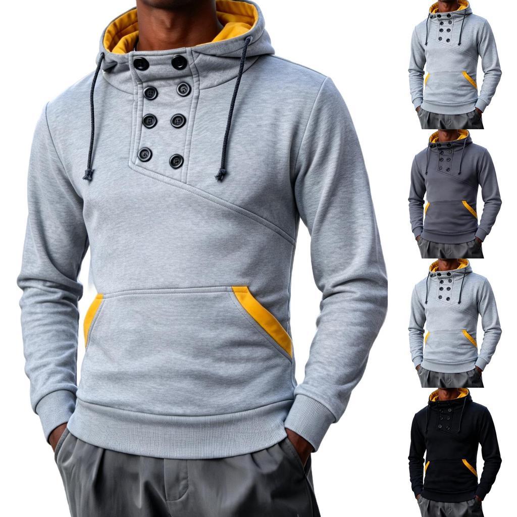 Men's Double-Breasted Pullover Hoodie, Short Slim Fit Brushed Sweatshirt for Fall and Winter