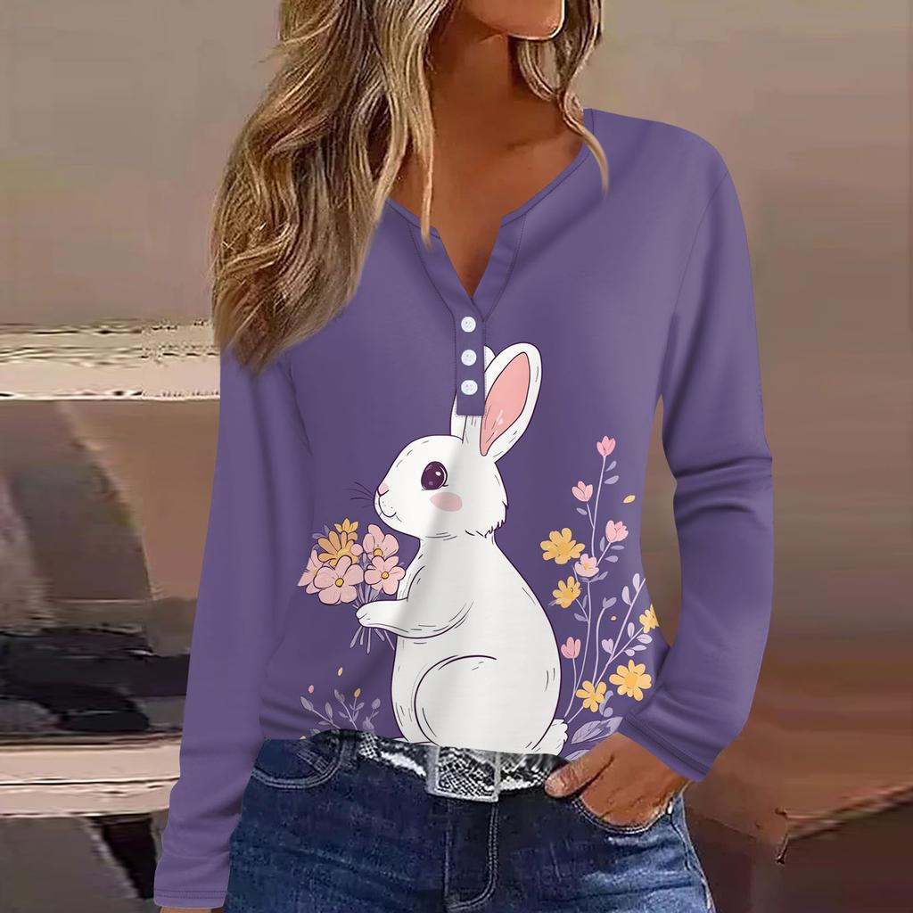 Women's Fashion Casual Printed V-neck Long Sleeve Button Up T-shirt Top