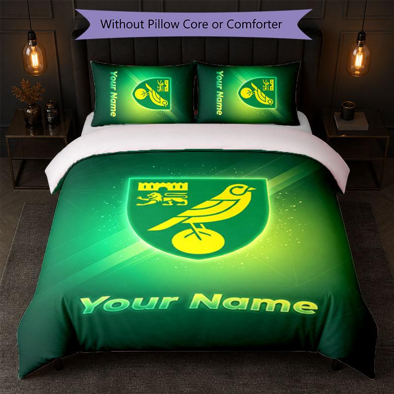 Set Biancheria da Letto Norwich City con Nome Personalizzato 1 Copripiumino+2 Federe Logo Calcio Regalo Personalizzato per Occasione Speciale Decorazione Camera da Letto