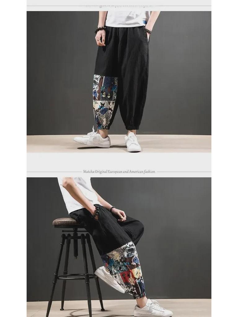 Pánské volné lněné kalhoty v čínském stylu - letní trendy, plus size, devítibodová délka