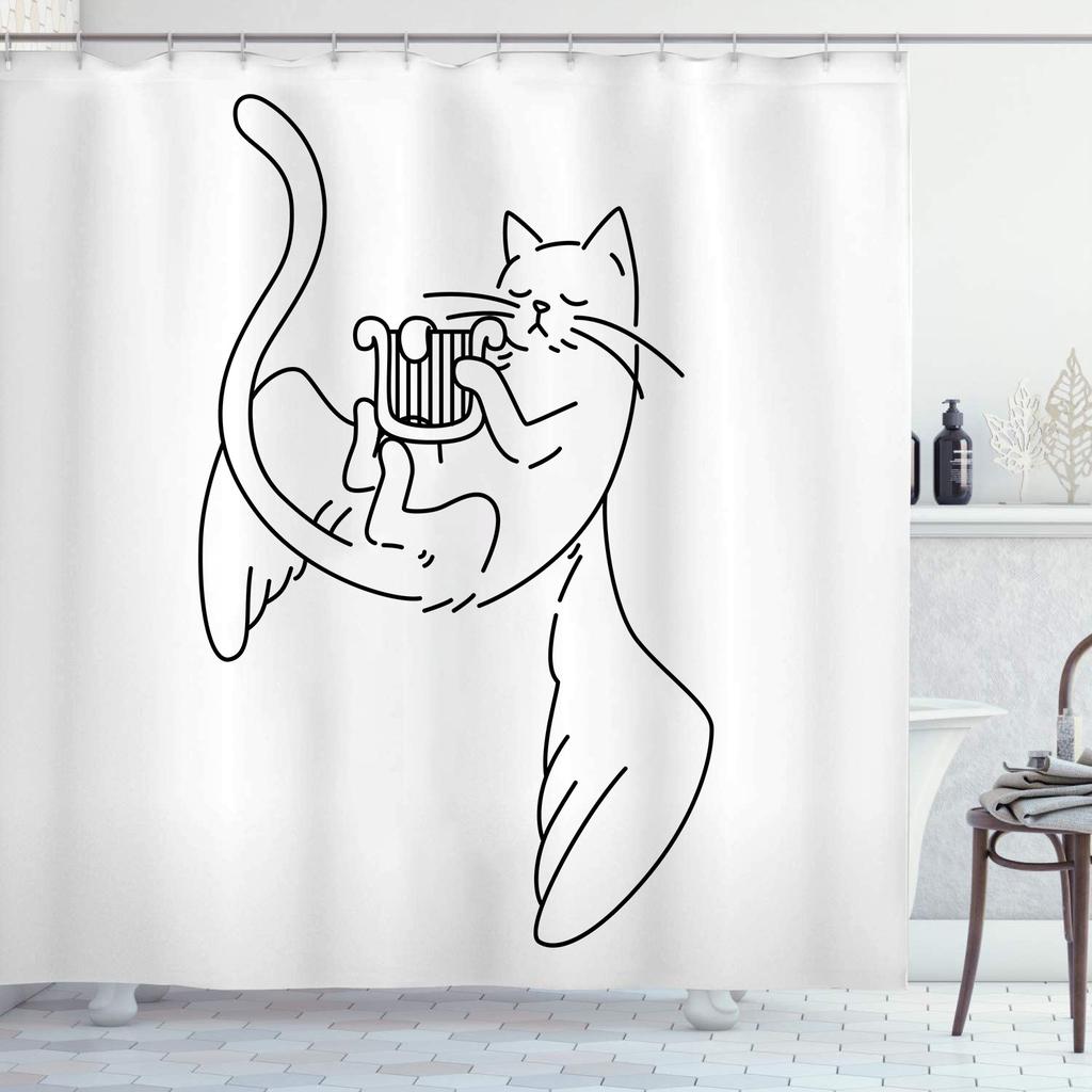 Schwarze Linie Katze Duschvorhänge Waschbarer Stoff Polyester Für Badewanne Kunst Badezimmerdekor Trennwand Mit Haken Aufhängen Wasserdicht