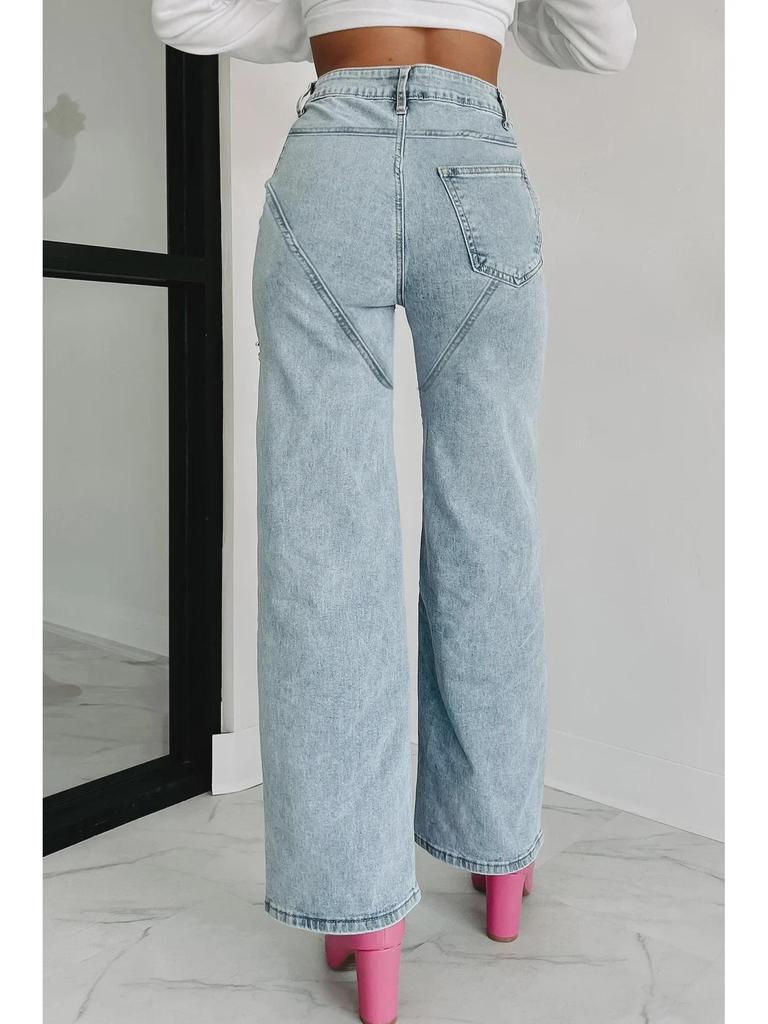 2025 Women's High Waist Straight-Leg Jeans with Chain and Washed Finish