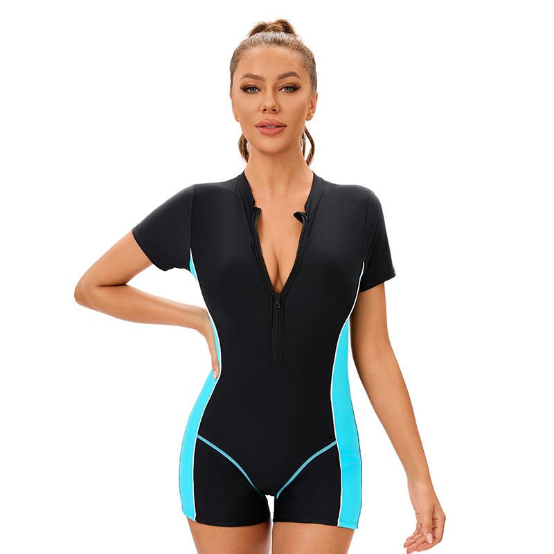 Color Block Swimsuit Nylon One Piece Swimwear Women Short Sleeve Zipper Front Bodysuit Swim Suit