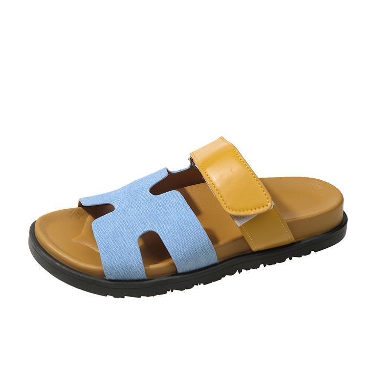 Classic large size slippers women's one-word color matching casual versatile thick-bottomed Velcro fashion beach cool slippers