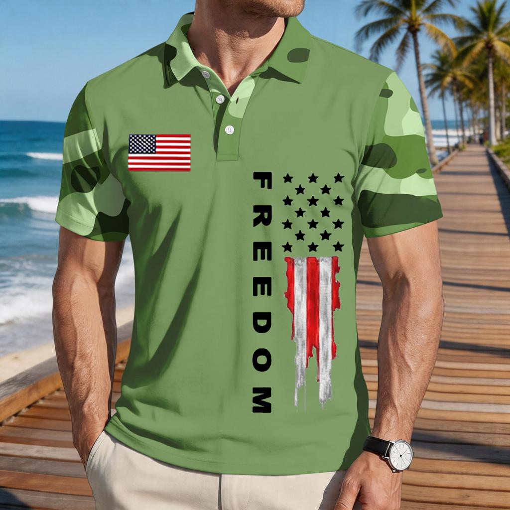Men's Loose Fit Casual Short Sleeve Polo Shirt with Flag Print and FREEDOM Text Pattern Lightweight Breathable Summer Top