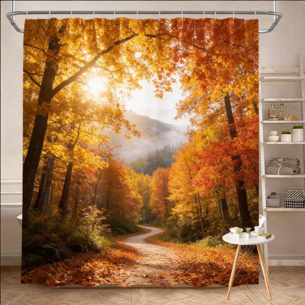 Nature Shower Curtain 180x180cm – Serene Mountain Landscape with River & Pines, Scenic Bathroom Decor, 12 Hooks