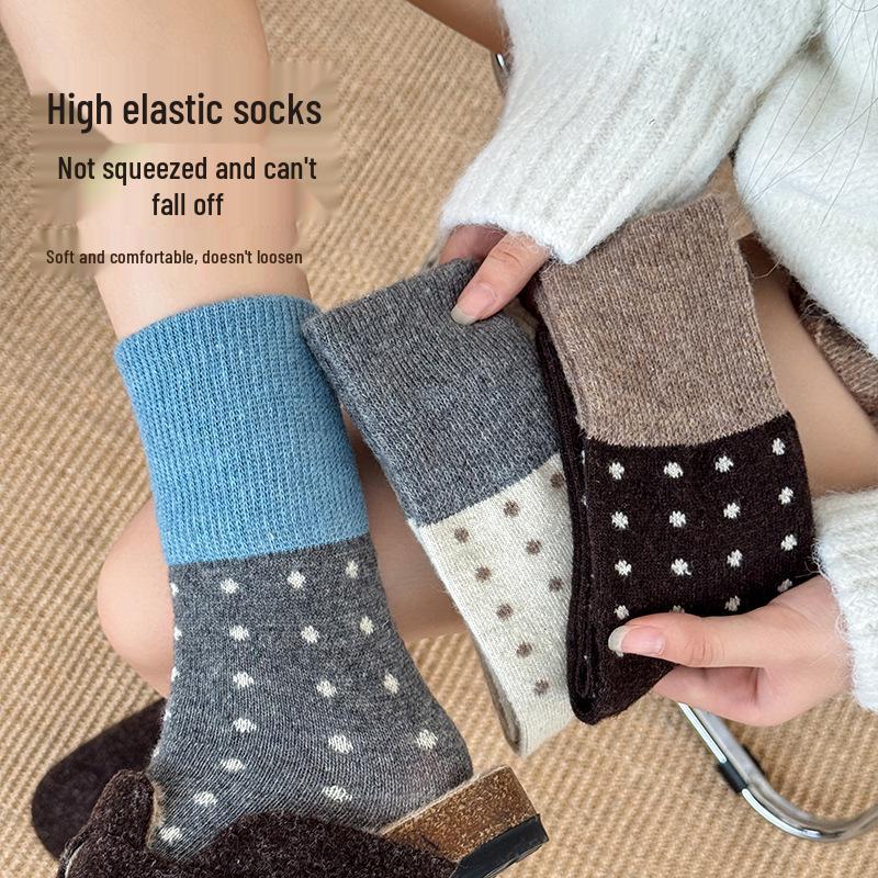 Women's Retro Polka Dot Mid-Calf Cashmere Socks - Warm & Thickened for Autumn/Winter