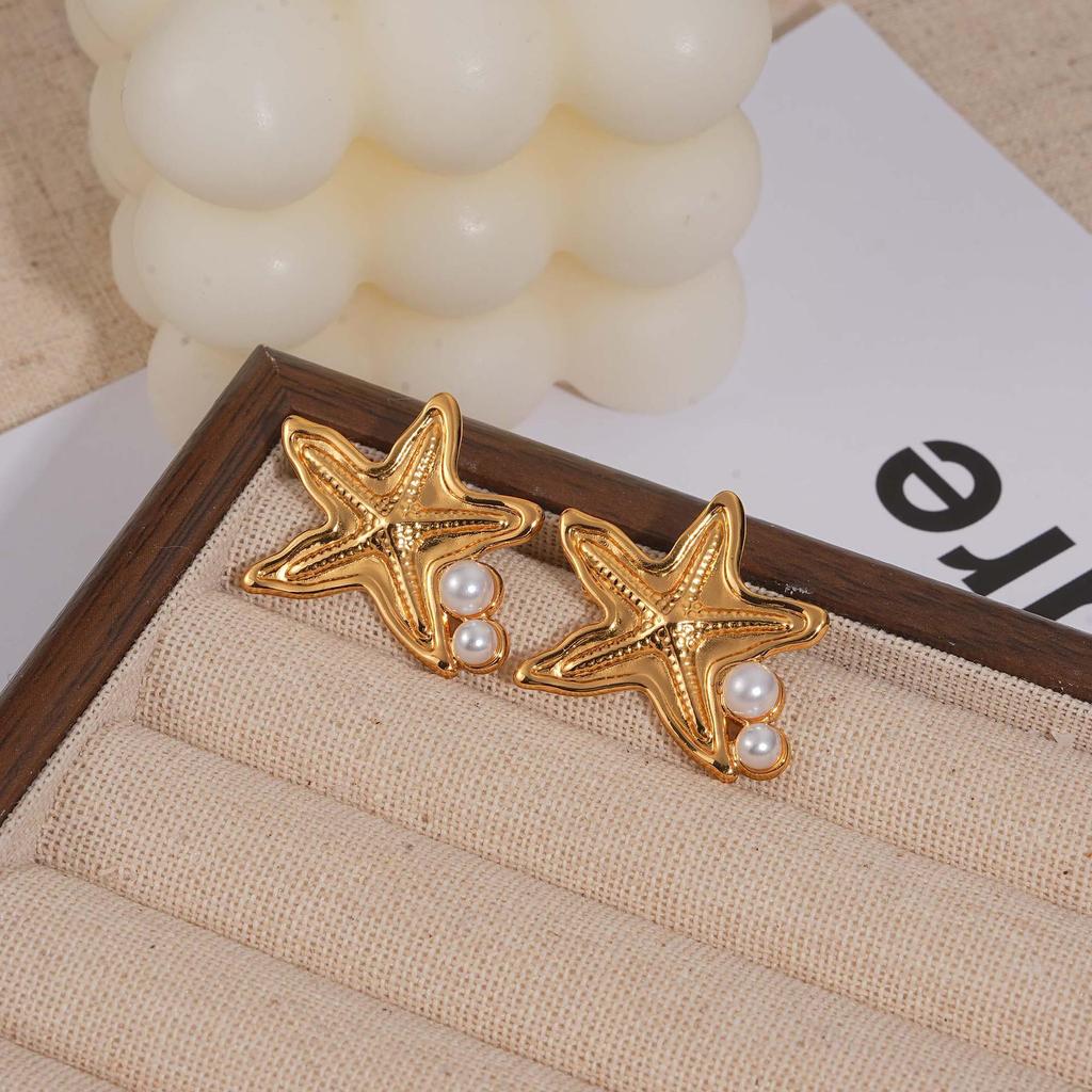 Gold-Plated Starfish Pearl Texture Earrings for Women - Stainless Steel