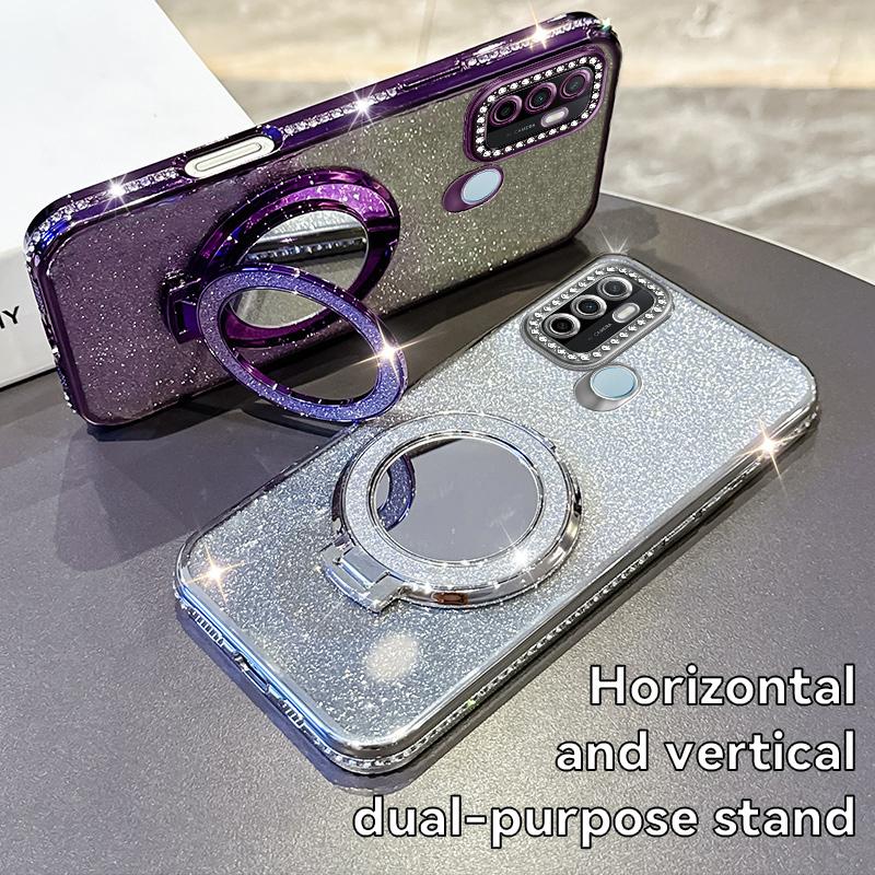 Women Girl's Diamond Make Up Mirror Phone Case For OPPO A32 A35 A38 A53 2020 A54 A57 A60 A74 Holder Plating Soft Silicone Cover