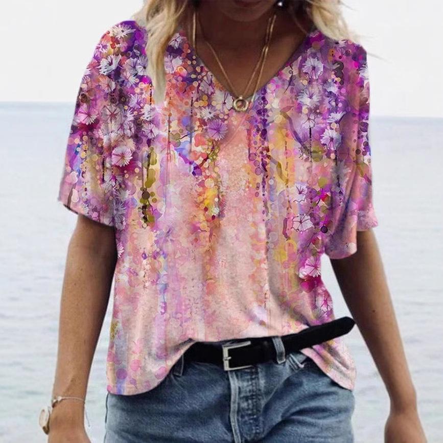 Summer V-neck 3D Flower Pattern Printed Top Fashionable Casual Short Sleeved Women's T-shirts