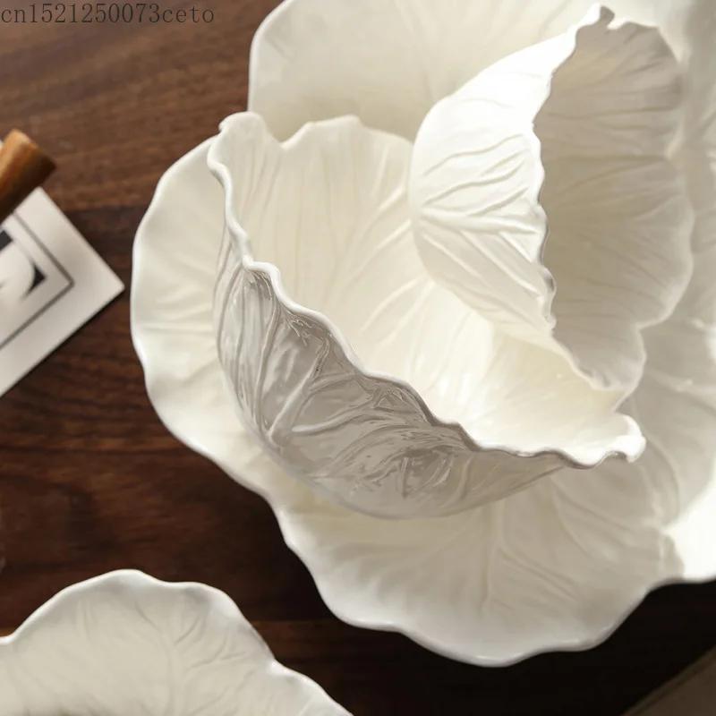 Nordic Luxury Flower Ceramic Bowl Pure White Creative Cabbage Relief Tableware Fruit and Vegetable Salad Bowl, Large Soup Bowl