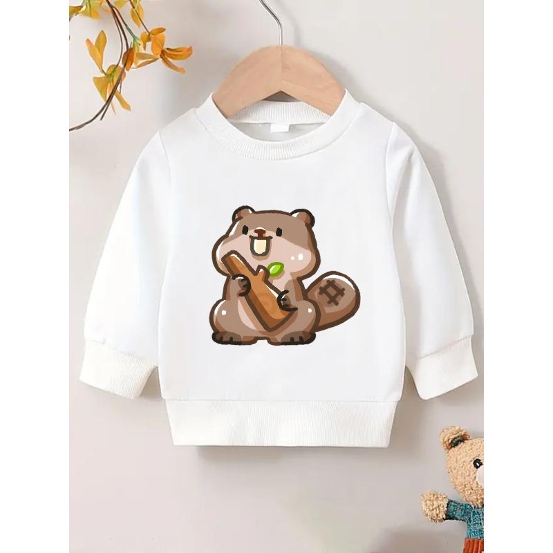 European Sizes Cute Beaver Print Sweatshirt for Kids Aged 0-3, Featuring Long Sleeves And a Round Neck