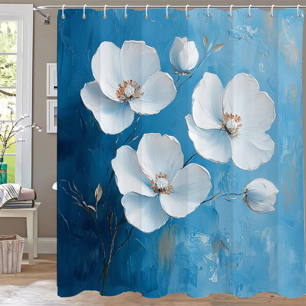 Beautiful And Elegant Blue Flowers Shower Curtain Partition Hanging Curtain With Hooks Washable Home Decoration Curtain