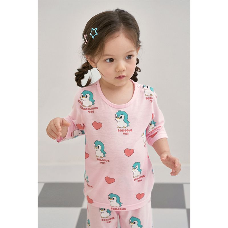 Korean Kids Cool Rayon Pajama Set Summer Breathable Soft Sleepwear Happy Penguin 7/10 Sleeve Children Underwear 2pcs