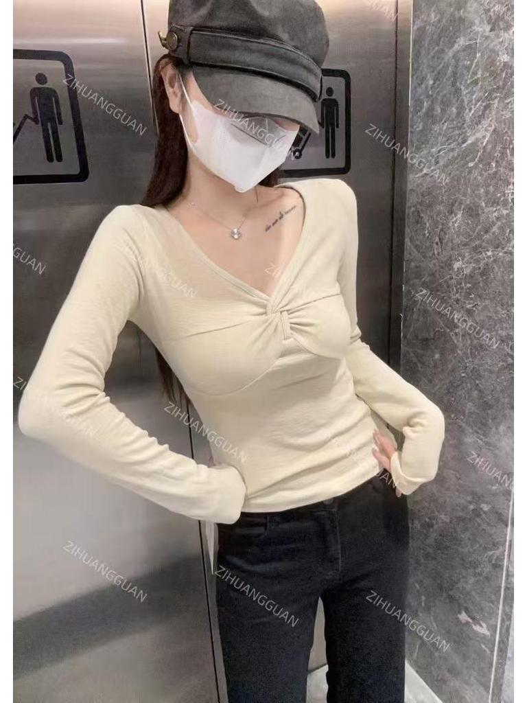Women's Elegant Knotted V-Neck Long-Sleeve Slim-Fit T-Shirt – French Design Spring 2026 Arrival