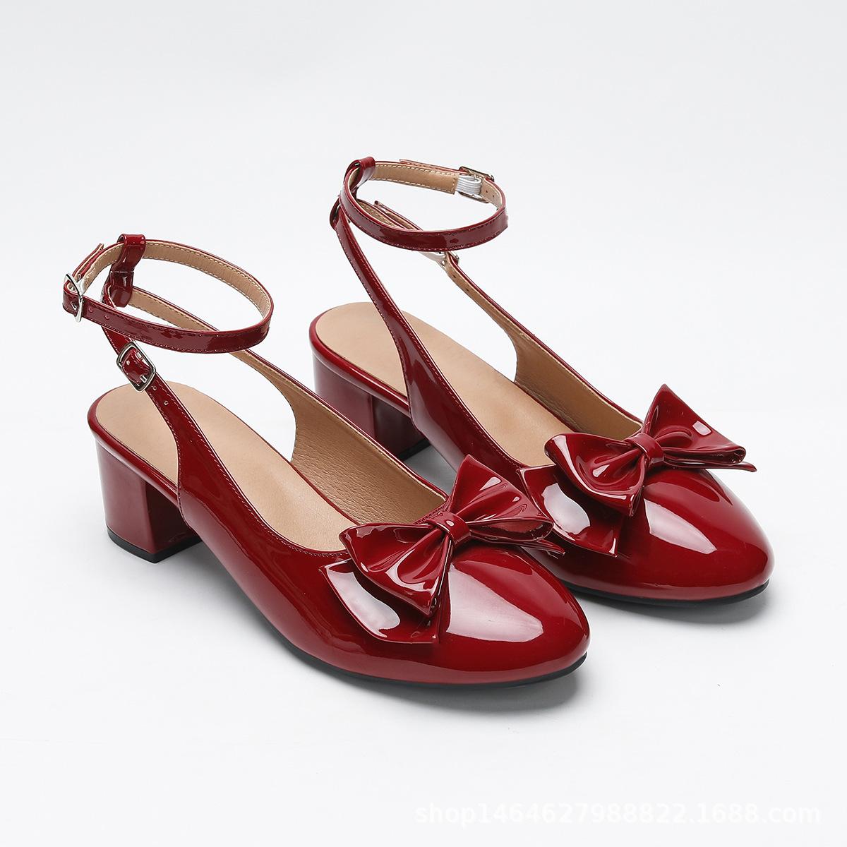 

Новая лодыжечная пряжка с бантом, сандалии женские на толстом каблуке, универсальные повседневные, с задником на высоком каблуке 37 бордовый
