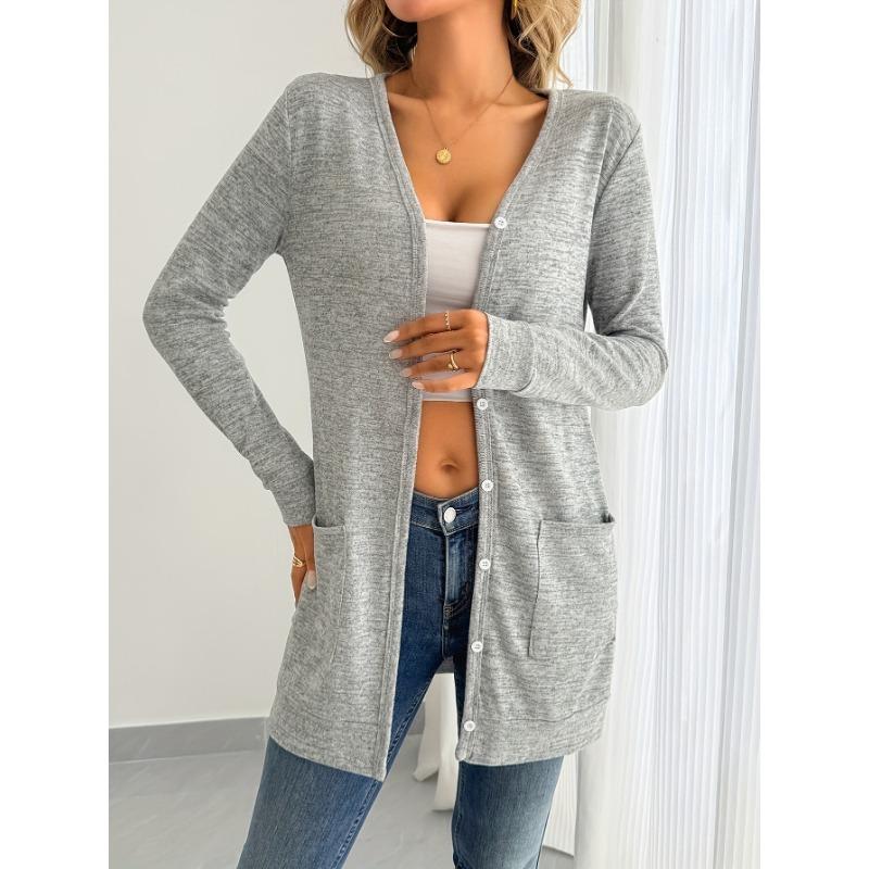 Women's New Autumn and Winter Solid Color Loose V-neck Long Sleeve Pocket Waist Cardigan Jacket