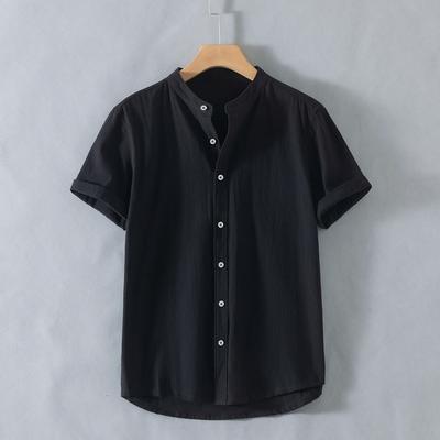 New Stand-up Collar Short-sleeved Cotton and Linen Shirt Men's Fresh Solid Color Loose Shirt