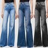 Jeans Donna a Vita Media Svasati Colore Degradé Tasca Multipla Chiusura con Bottone Frange Moda Streetwear