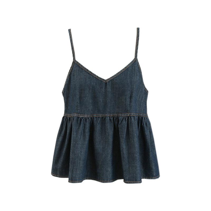 Elegance Casual Stylish Vest Versatile Denim V-neck Camisole Undershirt Female Dark Color Design Sense Hem Ruffled Ruffles Loose Short Tops Summer