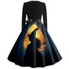 Women’s Casual Vintage Square Neck Dress with Halloween Themed Print Long Sleeve Fit and Flare for Seasonal Wear