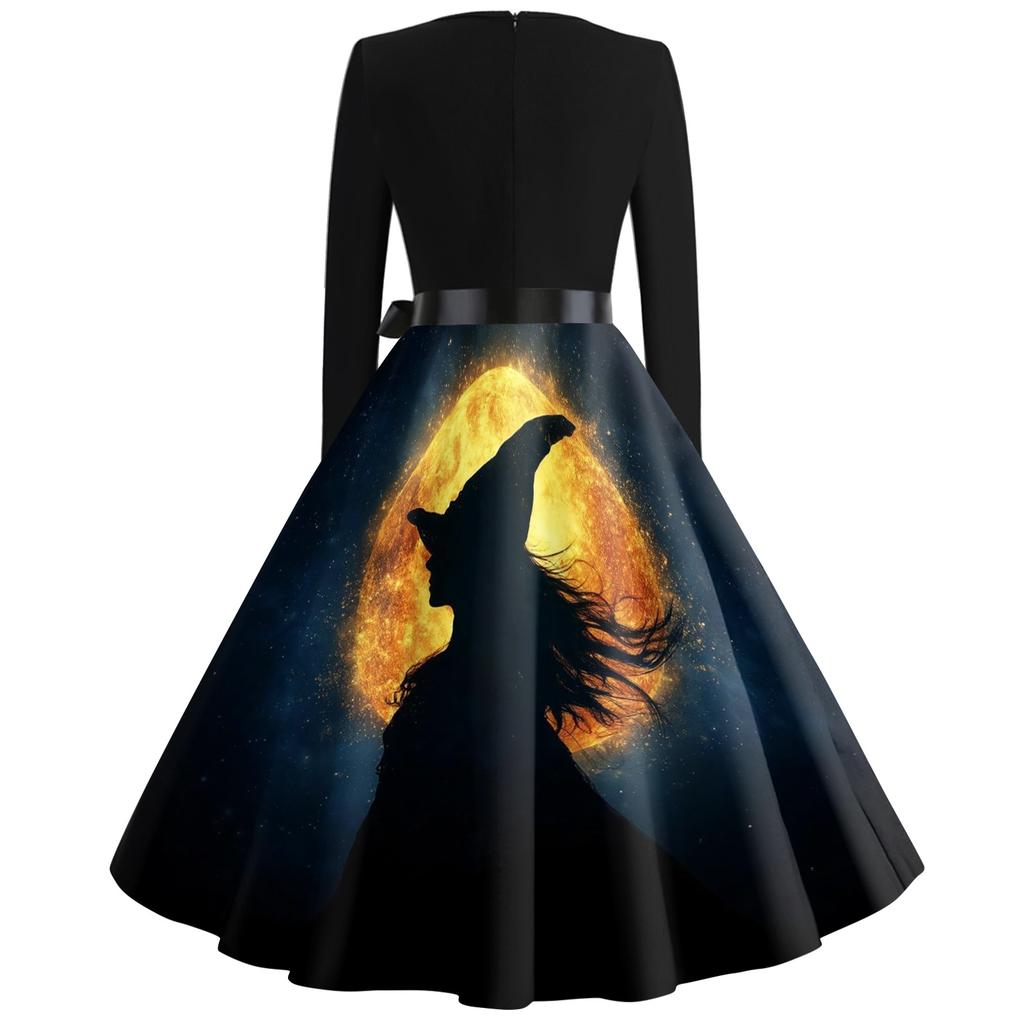 Women’s Casual Vintage Square Neck Dress with Halloween Themed Print Long Sleeve Fit and Flare for Seasonal Wear