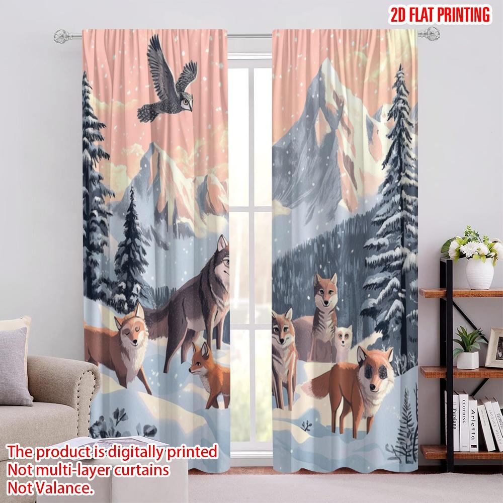 2pcs,2D Plane Printing Curtains&Window Treatment Winter Wolves Versatile Polyester (without Rod) Decorations For Home Ldeal for