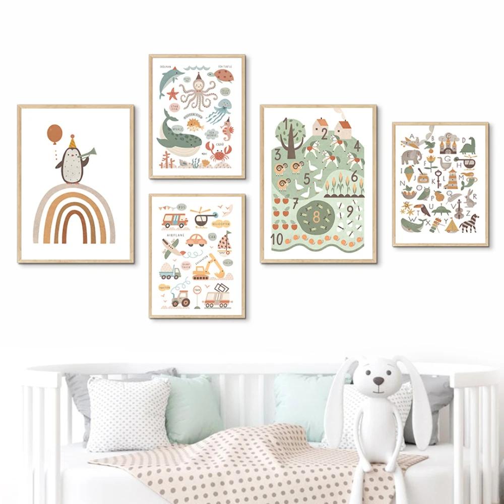 Alphabet Cartoon Educate Nursery Poster Car Animals Nordic Green Wall Art Print Canvas Painting Picture Kids Baby Room Decor