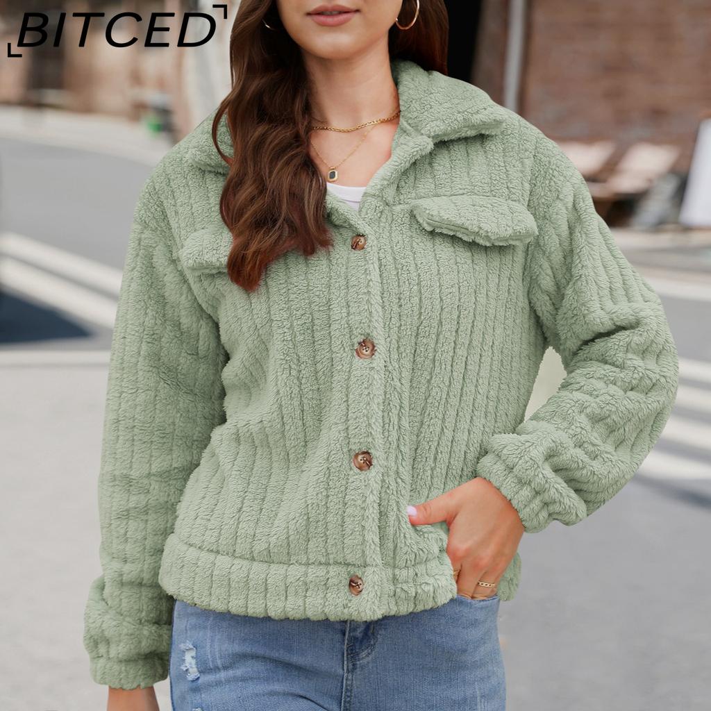 BITCED Women's Fall/Winter Ribbed Fleece Cardigan with Collar, Short-Length Jacket