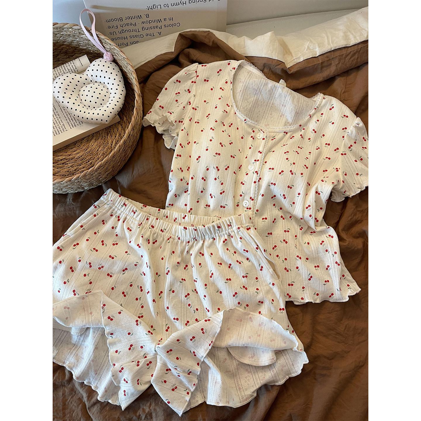 Girls sweet cherry print pajamas women s spring new large size comfortable short-sleeved shorts loungewear set M