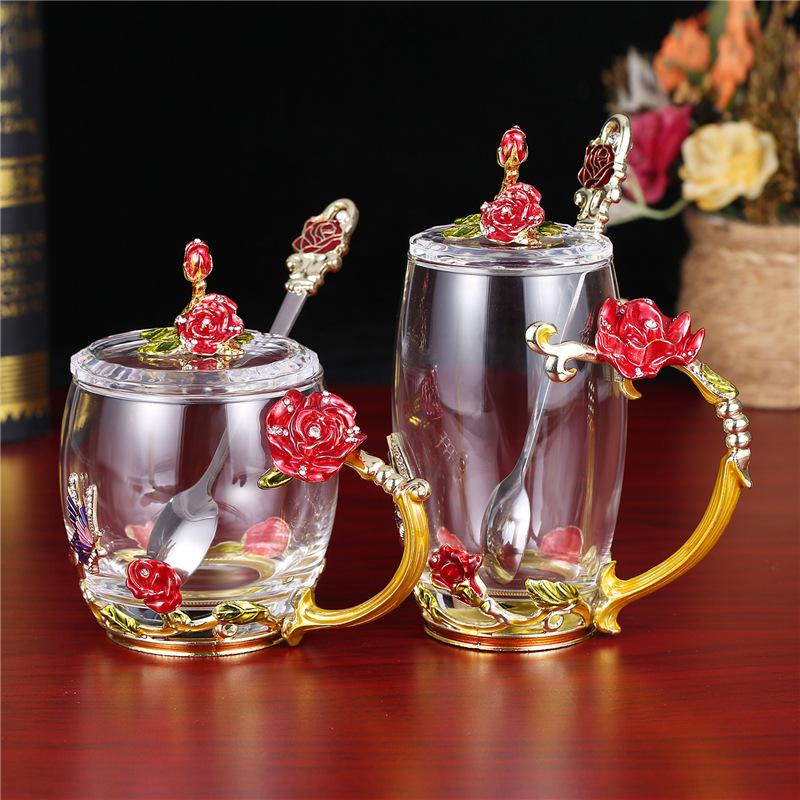 Rose Flower Embossed Glass Enamel Water Cup Cute Gift Glass Water Cup