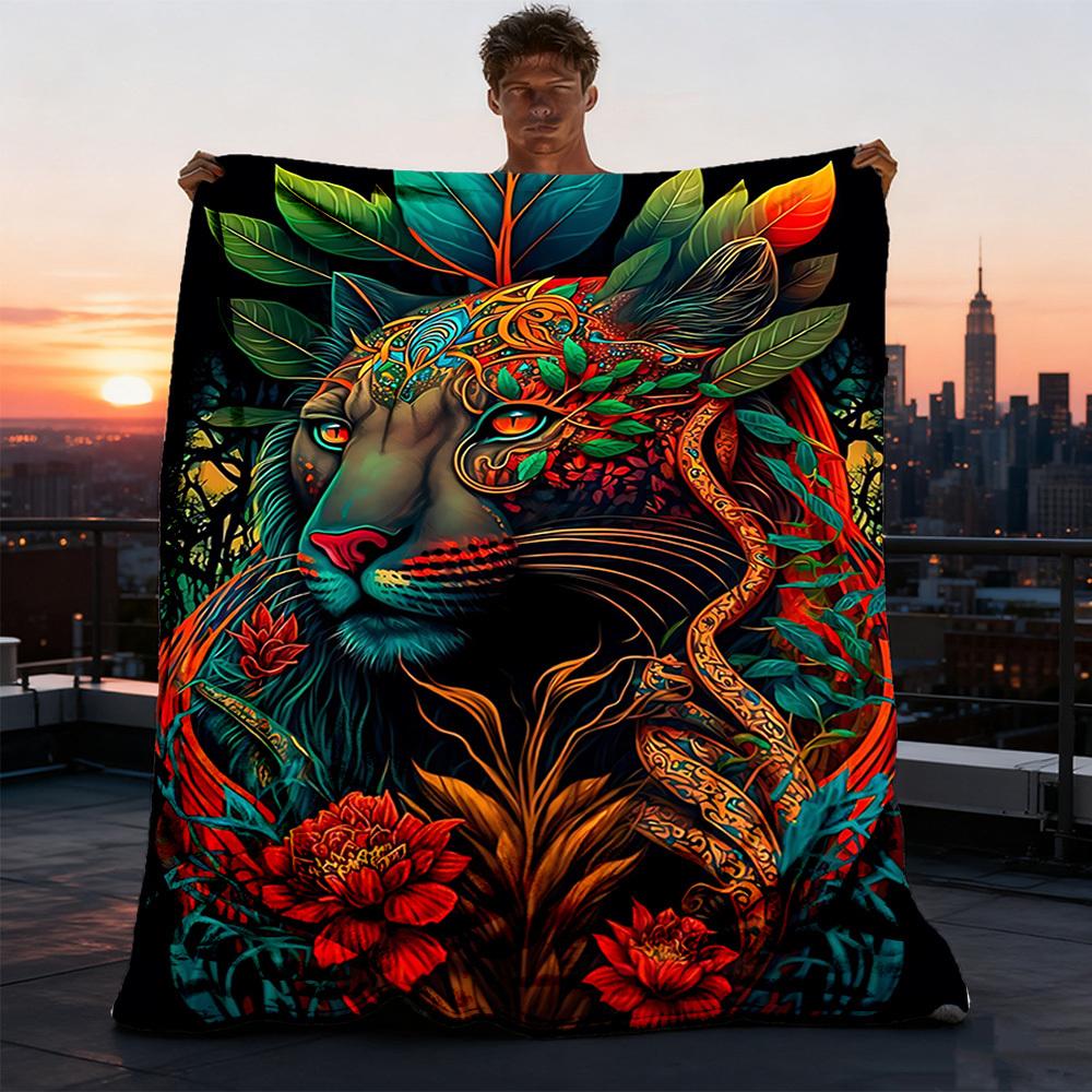 1pc Tiger Artwork Throw Blanket Polyester Fiber, Lightweight Flannel, Soft & Warm, All Season Use for Outdoor, Camping Digital Print